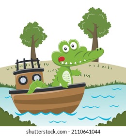 Vector illustration of funny crocodile on little boat with cartoon style. Can be used for t-shirt printing, children wear fashion designs, baby shower invitation cards and other decoration.