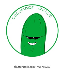 Vector illustration funny cucumber cartoon character in a round frame with handwritten words Cucumber Juice against white background