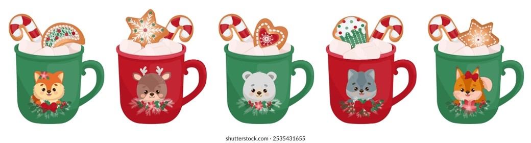 Vector illustration with funny cup with delicious aromatic cocoa with marshmallows and crispy Christmas cookies. Vector strip for textiles, wrapping paper, posters