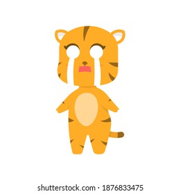 vector illustration of a funny, cute, and adorable tiger or chibi cat character. sad or crying tiger expression. flat style. design elements. Can be used for stickers and mascot logo