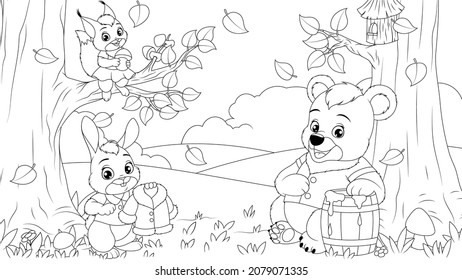 Vector illustration, funny cute animals in the forest, coloring book.