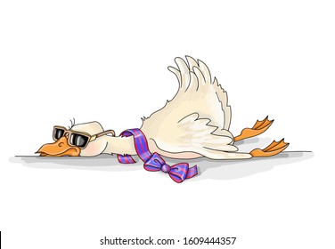 Vector Illustration. funny cute bird goose resting with glasses