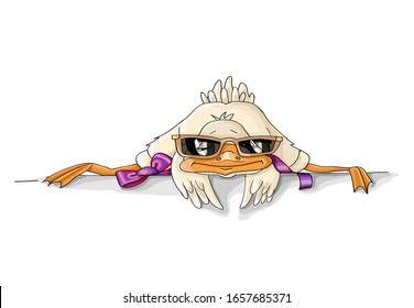 Vector Illustration. funny cute bird goose resting with glasses