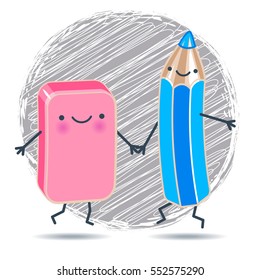 vector illustration funny cute blue pencil and vector pink eraser against hold hands the background of the hatch