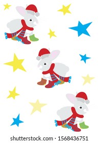 Vector illustration of funny cute bunny in hat and scarf and stars. Winter christmas greeting card. Flat graphic