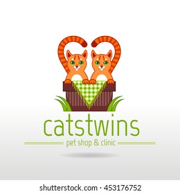 Vector illustration of funny cute cats twins couple sitting in basket on color background. Logo icon design template with abstract symbol and text lettering pet shop and veterinary clinic
