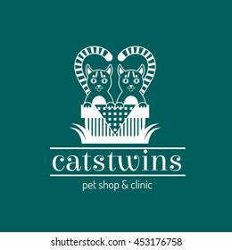 Vector illustration of funny cute cats twins couple sitting in basket on color background. Logo icon design template with abstract symbol and text lettering pet shop and veterinary clinic
