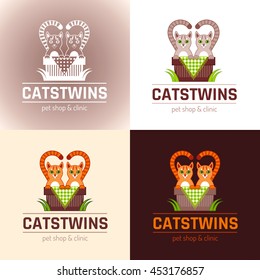 Vector illustration of funny cute cats twins couple sitting in basket on color background. Logo icon design template with abstract symbol and text lettering pet shop and veterinary clinic
