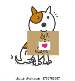 vector illustration funny cute character white chibi dog who loves you with a card and a heart in his teeth wags his tail