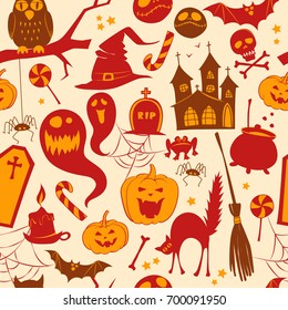 Vector illustration Funny cute colored seamless background abstract pattern for halloween with pumpkin, candy, ghost, spider, bat, witch hat, , house, scull, coffin, bones. Flat silhouette style