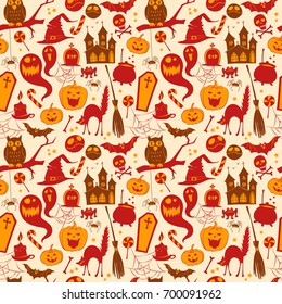 Vector illustration Funny cute colored seamless background abstract pattern for halloween with pumpkin, candy, ghost, spider, bat, witch hat, , house, scull, coffin, bones. Flat silhouette style