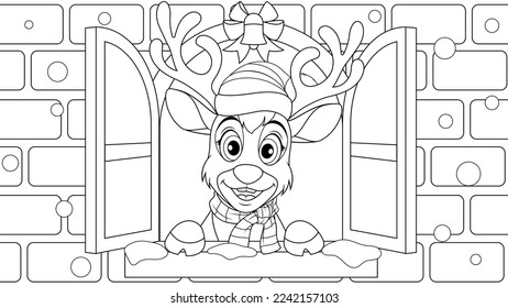 Vector illustration, funny cute deer cartoon deer looks out of the window of the house, coloring book