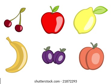 Vector illustration of funny, cute fruit icons. Includes cherry, apple, lemon, banana, plum and apricot.