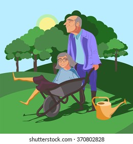 Vector illustration. Funny and cute grandparents frolic in nature
