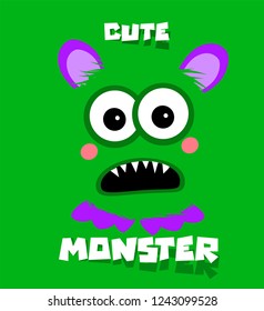 Vector illustration of funny cute funny green monster's poster. Cartoon character