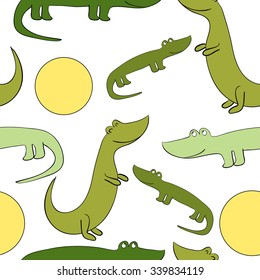 Vector illustration. Funny and cute green crocodiles and sun. Seamless pattern