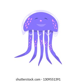Vector illustration. Funny, cute jellyfish is laughing. Flat cartoon style illustration is isolated on white background. EPS 10