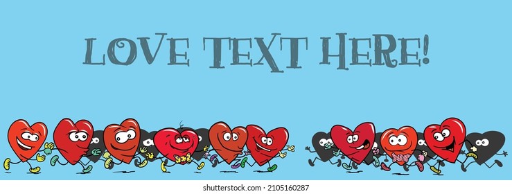 Imagen vectorial de un divertido y lindo grupo de corazones corriendo a abrazos y besos.