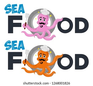 Vector illustration of funny cute octopus cook climbs out of the porthole. Cartoon Character. Excellent logo template highly suitable for food company, restaurant, seafood and catering businesses.