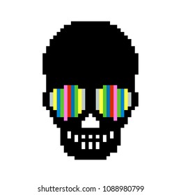 Vector illustration of funny, cute pixel skull. Pixel art. 8 bit. 