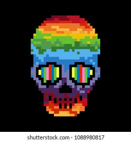 Vector illustration of funny, cute pixel skull. Pixel art. 8 bit. 