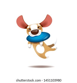 Vector illustration of funny cute puppy is catching plaything as a blue plastic disc.