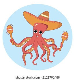 vector illustration, funny cute red mexican octopus with sombrero and maracas in tentacles