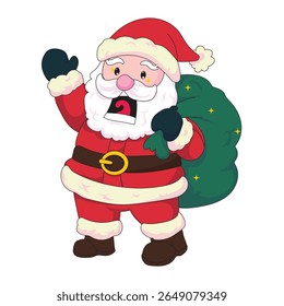 Vector illustration of funny and cute Santa Claus holding a large green gift sack, wearing classic red suit and hat. Perfect for Christmas cards, festive posters, winter crafts, and seasonal graphic