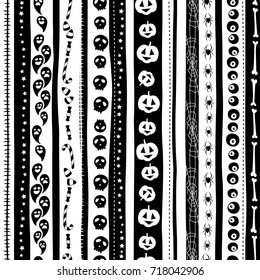 Vector illustration Funny cute scary black and white seamless background abstract pattern for halloween party with pumpkin, candy, ghost, spider, scull and bones. Flat silhouette style