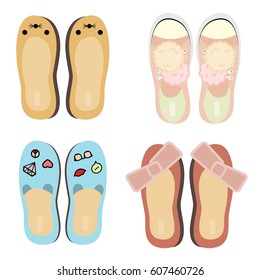 vector illustration of funny cute shoes with decorative fashion elements like pompons and stickers
