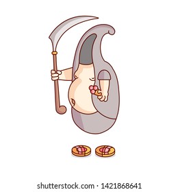 Vector illustration of funny death with ice cream. Hot summer days. Death with a scythe. Halloween poster. Old school tattoo. Vintage image