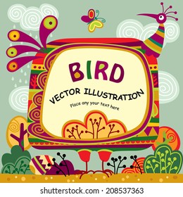 Ilustración vectorial de un divertido pájaro de dibujos animados decorativos de diferentes colores con un lugar para el texto