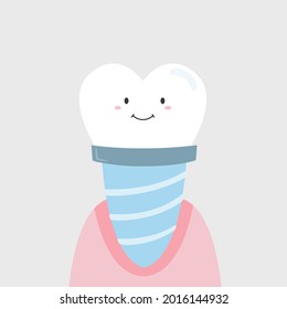 Vector illustration of a funny dental implant. Image of a happy tooth