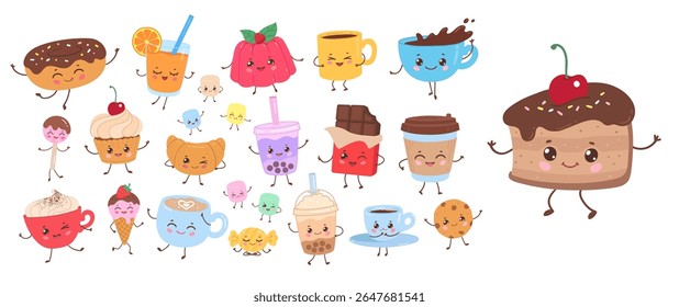 Vector illustration of funny dessert and beverage characters with happy faces. Cartoon kawaii isolated set.