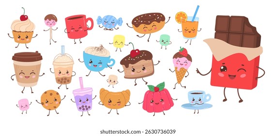 Vector illustration of funny desserts and drinks with faces. Set of kawaii sweets and beverages, isolated.