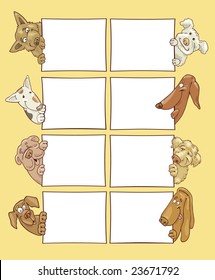 vector illustration of funny different happy dogs with greeting cards