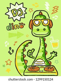 Vector illustration of funny dinosaur cartoon with disk jockey