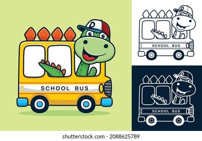 Caricatura divertida de dinosaurios con sombrero en bus escolar