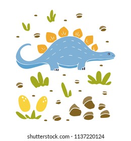 Vector illustration with funny dinosaur and eggs in cartoon style.  Stegosaure. Prehistoric age life. Perfect for invitations, party, banners, baby shower, coloring book and room decoration