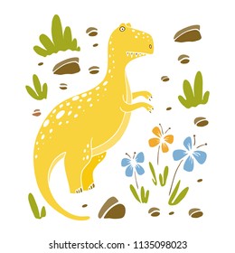 Vector illustration with funny dinosaur and flowers in cartoon style. Tyrannosaure. Prehistoric age life. Perfect for invitations, party, banners, baby shower, coloring book and room decoration