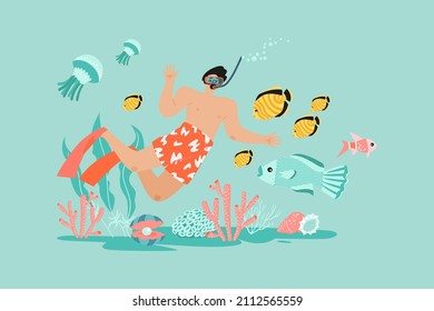 Vector illustration with funny diver, fishes, jellyfish and coral reef. Cartoon image of the underwater world