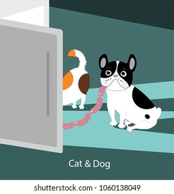 Vector illustration of funny dog and cat in different situations