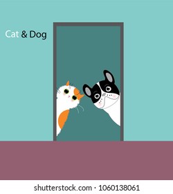 Vector illustration of funny dog and cat in different situations