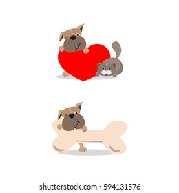 Vector illustration of funny dog and cat with heart and bone