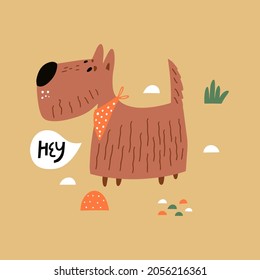 Vector illustration with funny dog. Flat cartoon vector illustration.