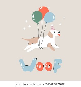 Vector illustration of a funny dog flying with balloons. Hand drawn Birthday card, print