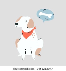 Vector illustration of a funny dog in a neckpiece dreaming about bone. Pet shop, zoo design, t-shirt print