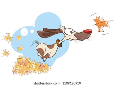 Vector Illustration Funny Dog Playing in Leaves 