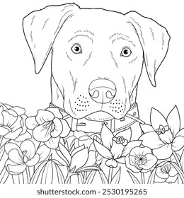 Vector illustration, funny dog ​​among summer flowers, coloring book
