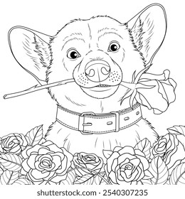 Vector illustration, funny dog ​​among summer flowers, coloring book